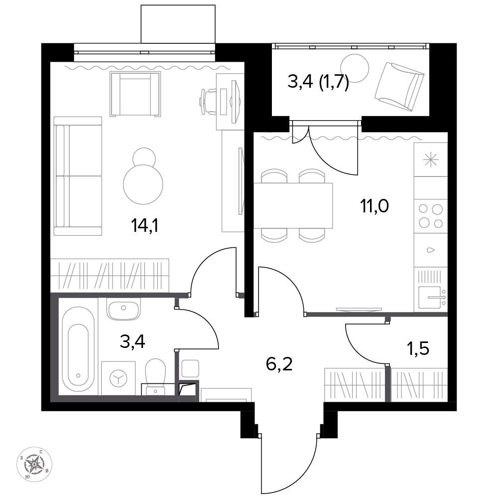 1 комн. квартира, 37.7 м², 19 этаж 