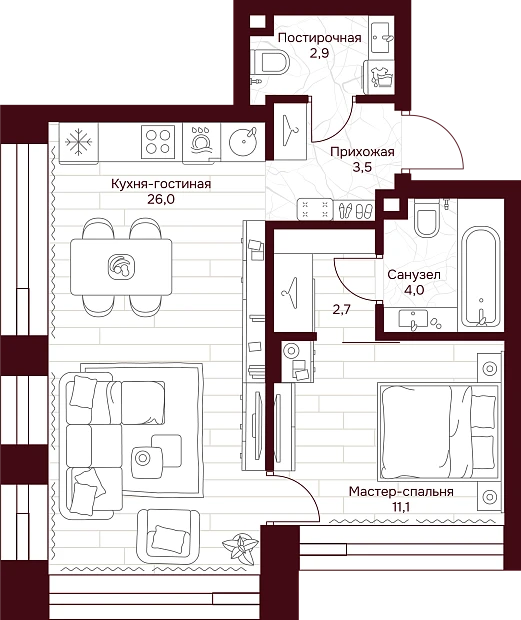 1 комн. квартира, 49.7 м², 8 этаж 