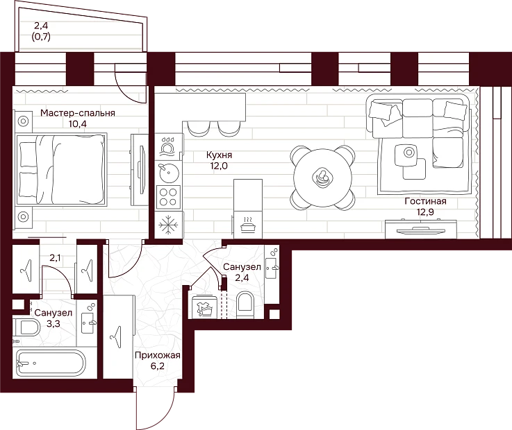 1 комн. квартира, 49.5 м², 3 этаж 