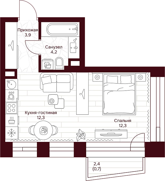 1 комн. квартира, 33.4 м², 3 этаж 
