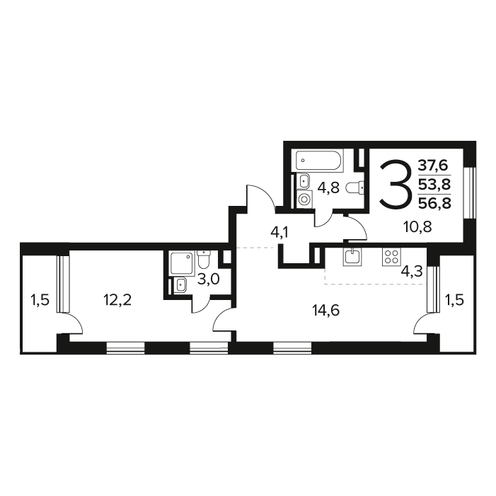 3 комн. квартира, 56.8 м², 2 этаж 