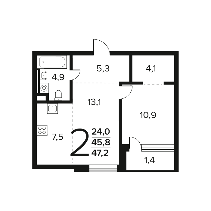 2 комн. квартира, 47.2 м², 2 этаж 