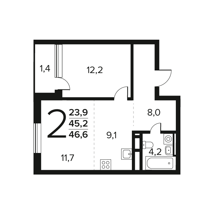 2 комн. квартира, 46.6 м², 2 этаж 