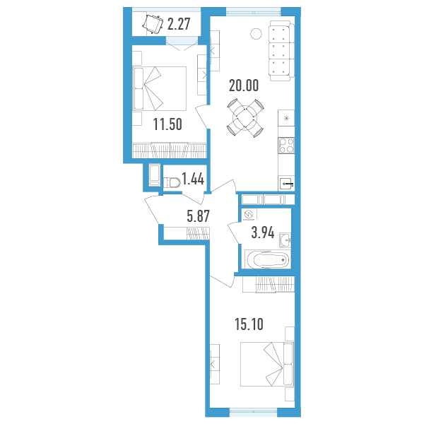 1 комн. квартира, 59 м², 5 этаж 