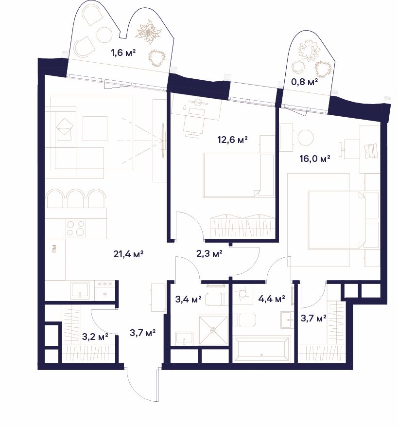 2 комн. квартира, 73.1 м², 10 этаж 