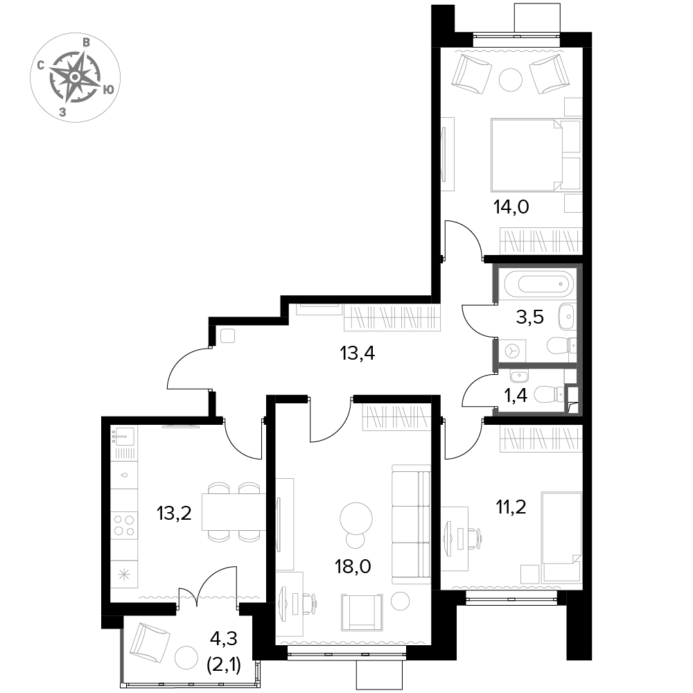 3 комн. квартира, 76.8 м², 3 этаж 