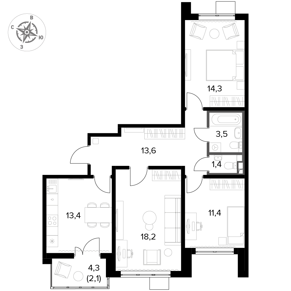 3 комн. квартира, 77.9 м², 12 этаж 
