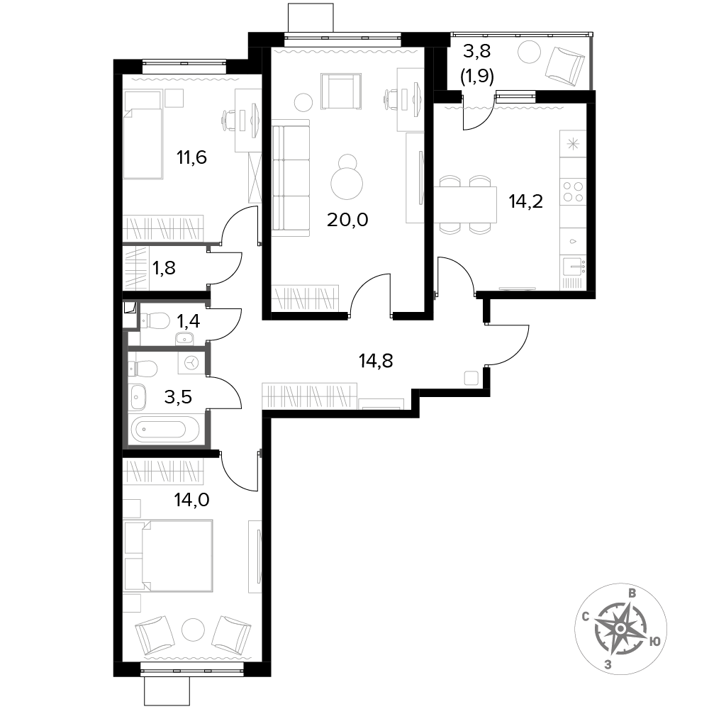 3 комн. квартира, 83.2 м², 3 этаж 