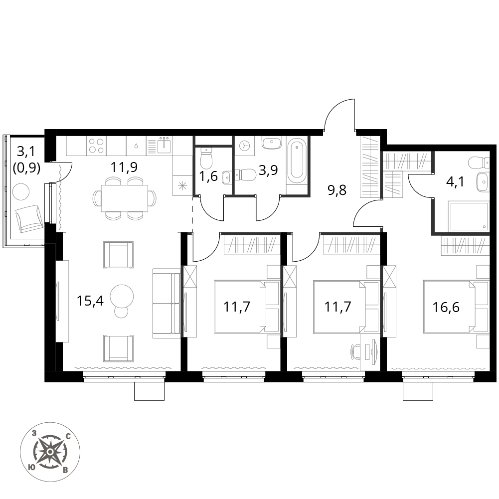 4 комн. квартира, 87.8 м², 10 этаж 