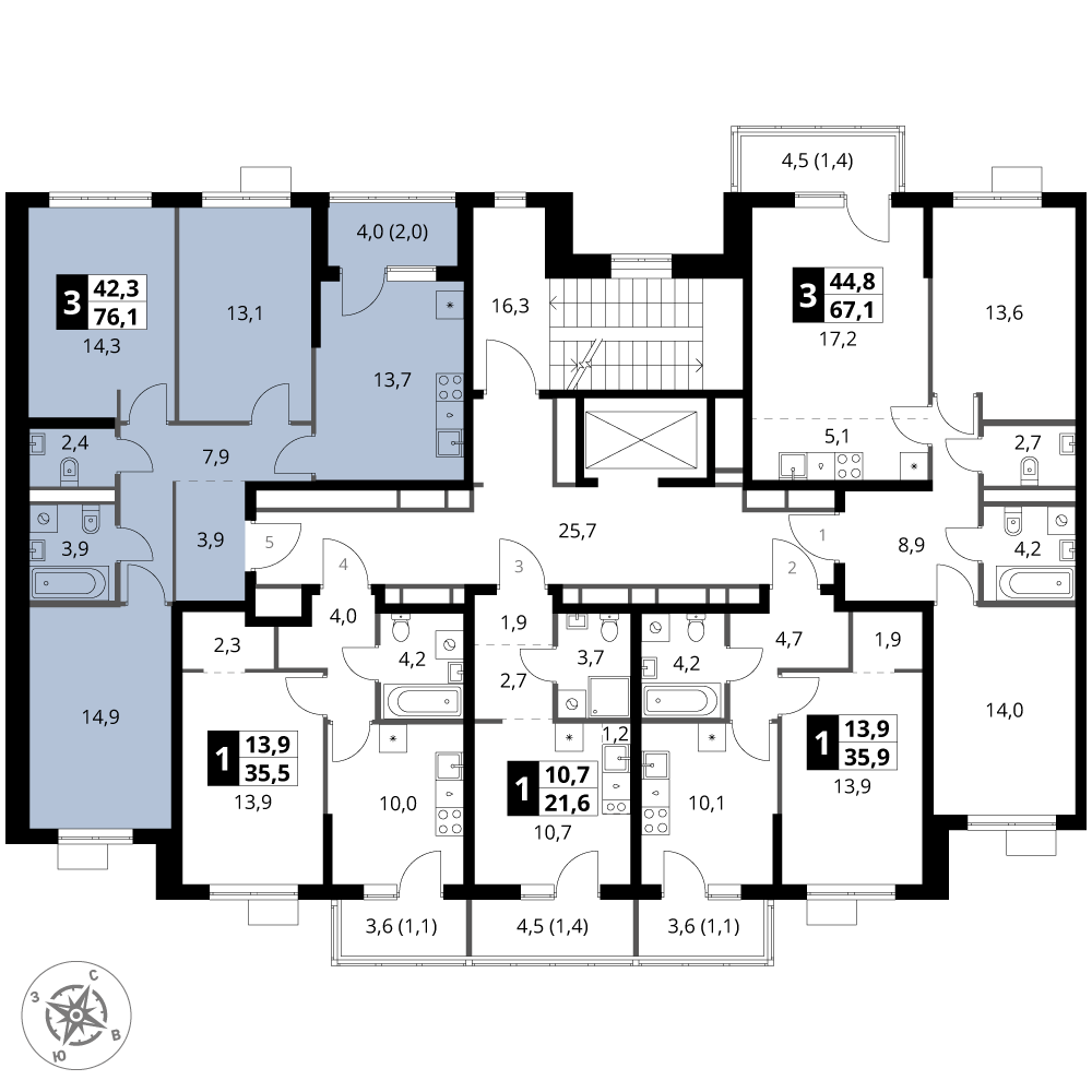 3 комн. квартира, 76.1 м², 9 этаж 