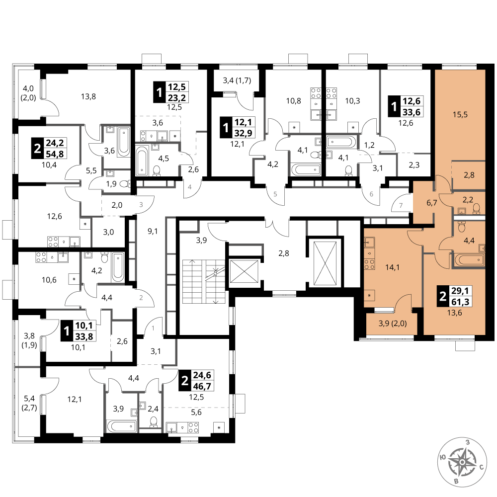 2 комн. квартира, 61.3 м², 8 этаж 
