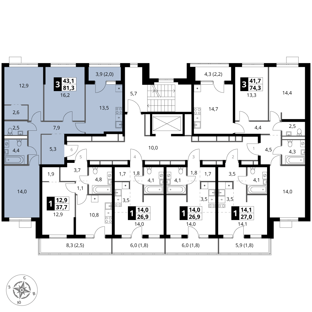 3 комн. квартира, 81.3 м², 6 этаж 