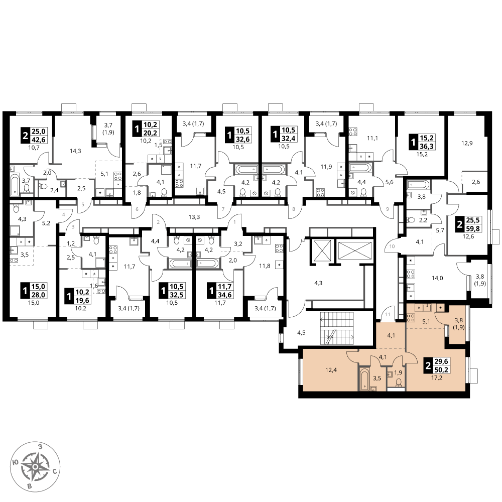 2 комн. квартира, 50.2 м², 6 этаж 