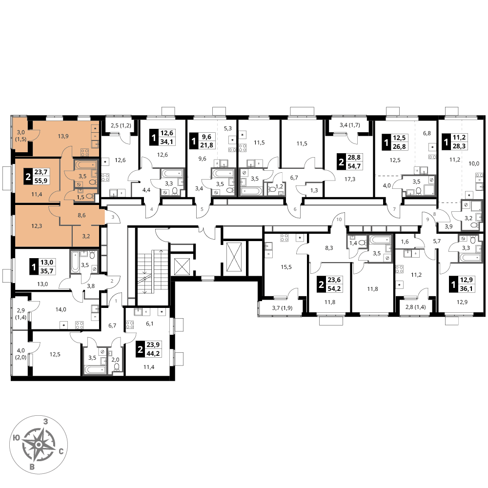 2 комн. квартира, 55.9 м², 14 этаж 