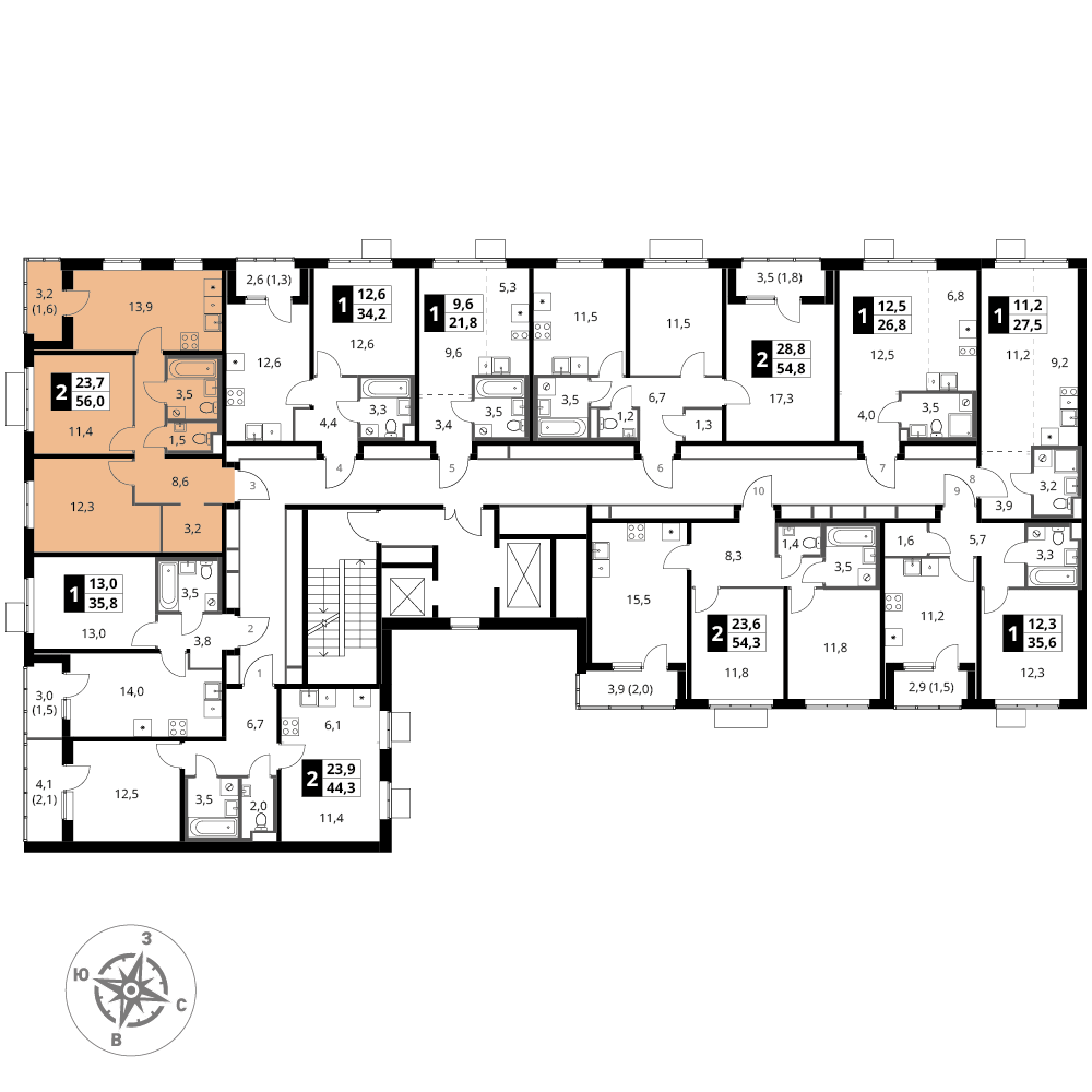 2 комн. квартира, 56 м², 16 этаж 