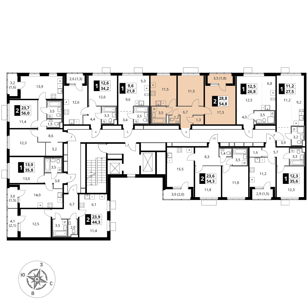 2 комн. квартира, 54.8 м², 16 этаж 