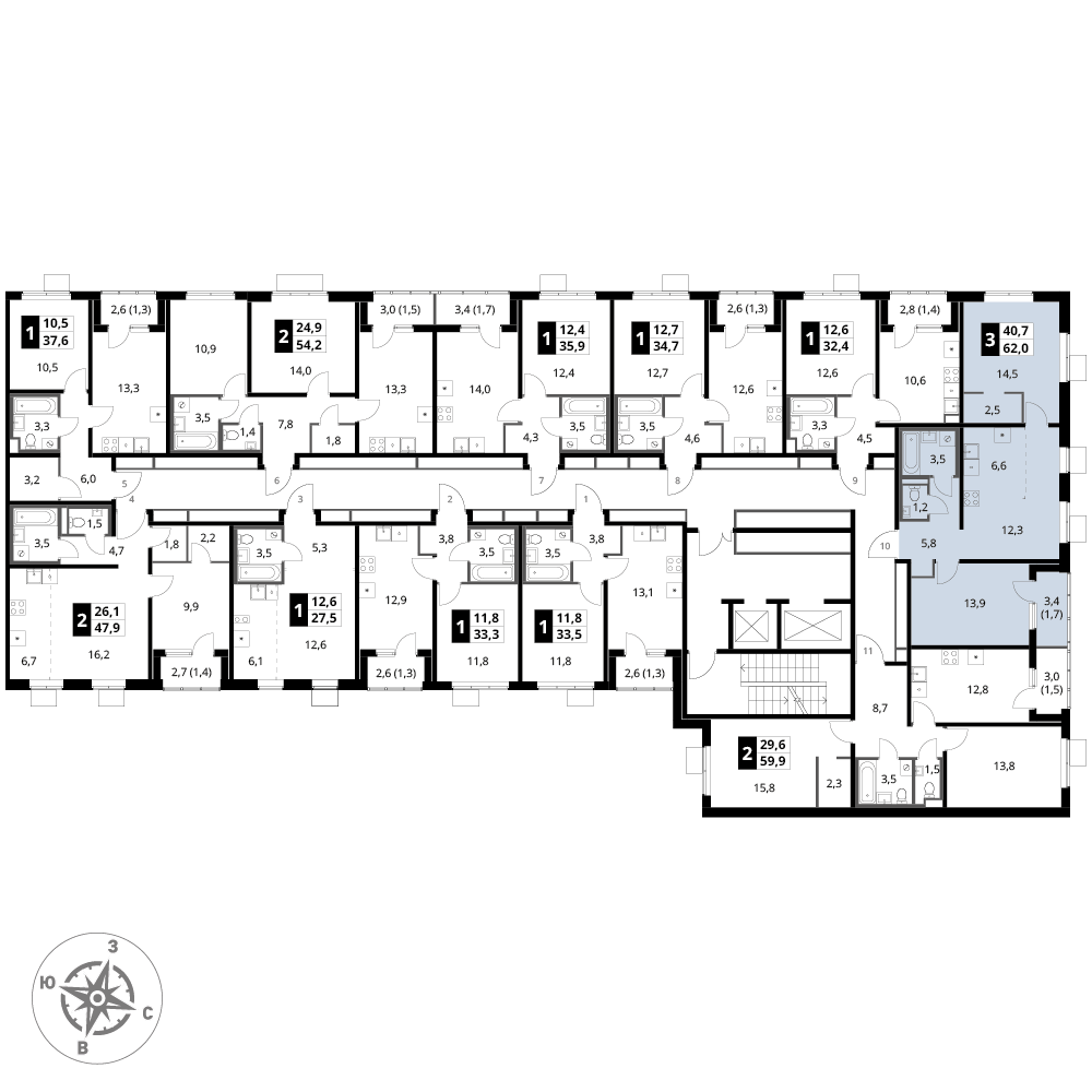 3 комн. квартира, 62 м², 13 этаж 