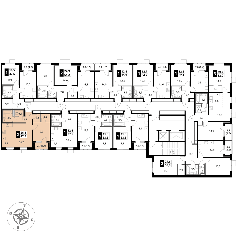 2 комн. квартира, 47.9 м², 17 этаж 