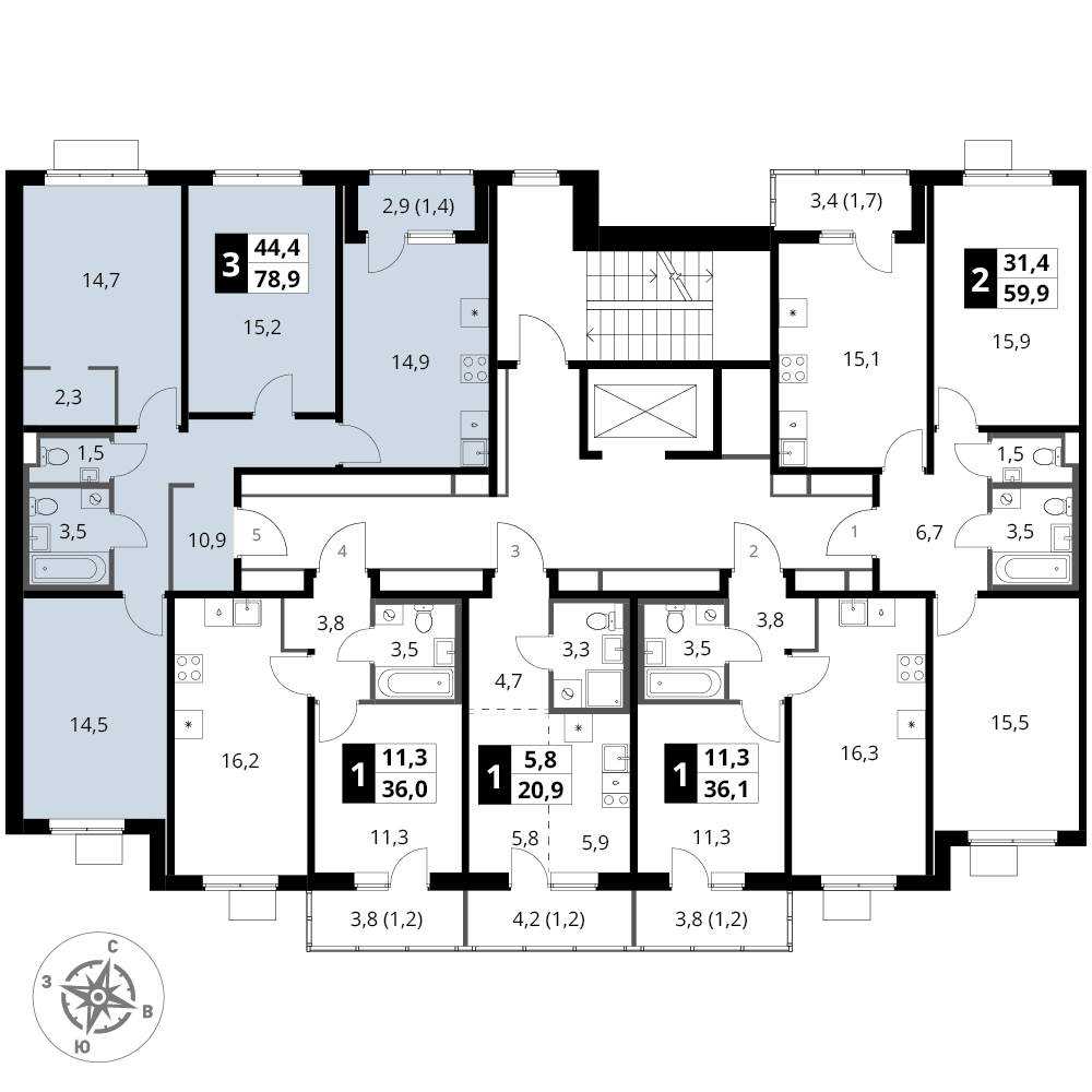 3 комн. квартира, 78.9 м², 3 этаж 