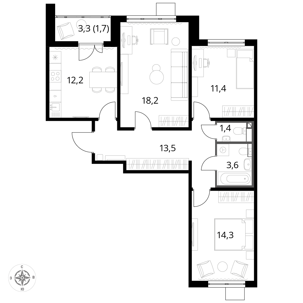 3 комн. квартира, 76.3 м², 9 этаж 