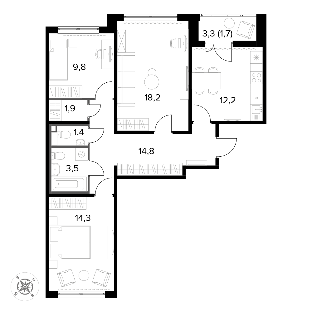 3 комн. квартира, 77.8 м², 14 этаж 