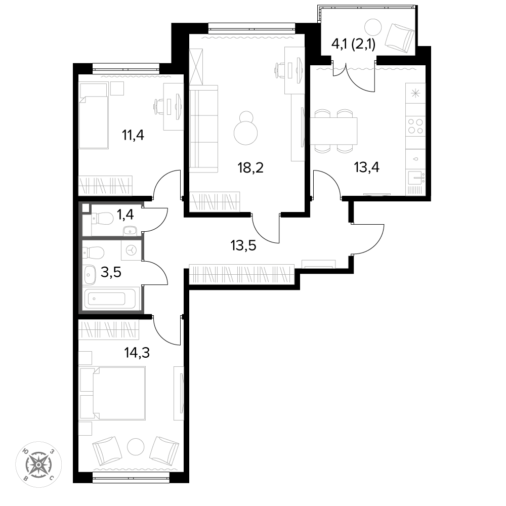 3 комн. квартира, 77.8 м², 7 этаж 