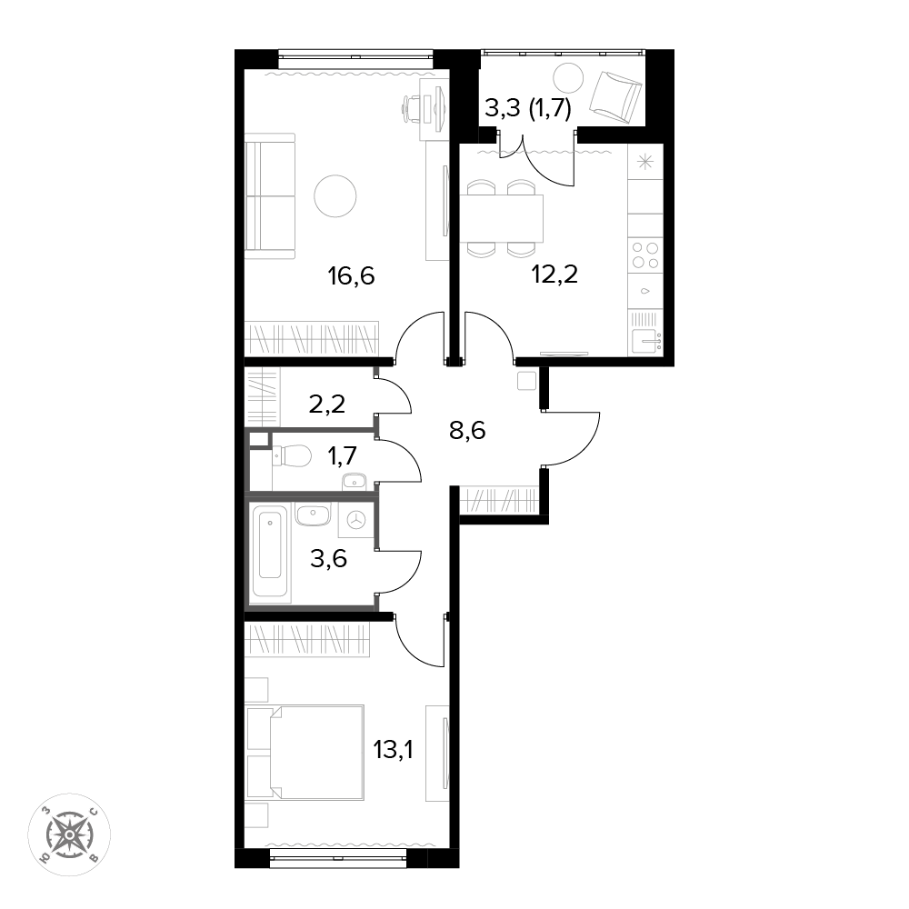 2 комн. квартира, 59.5 м², 7 этаж 