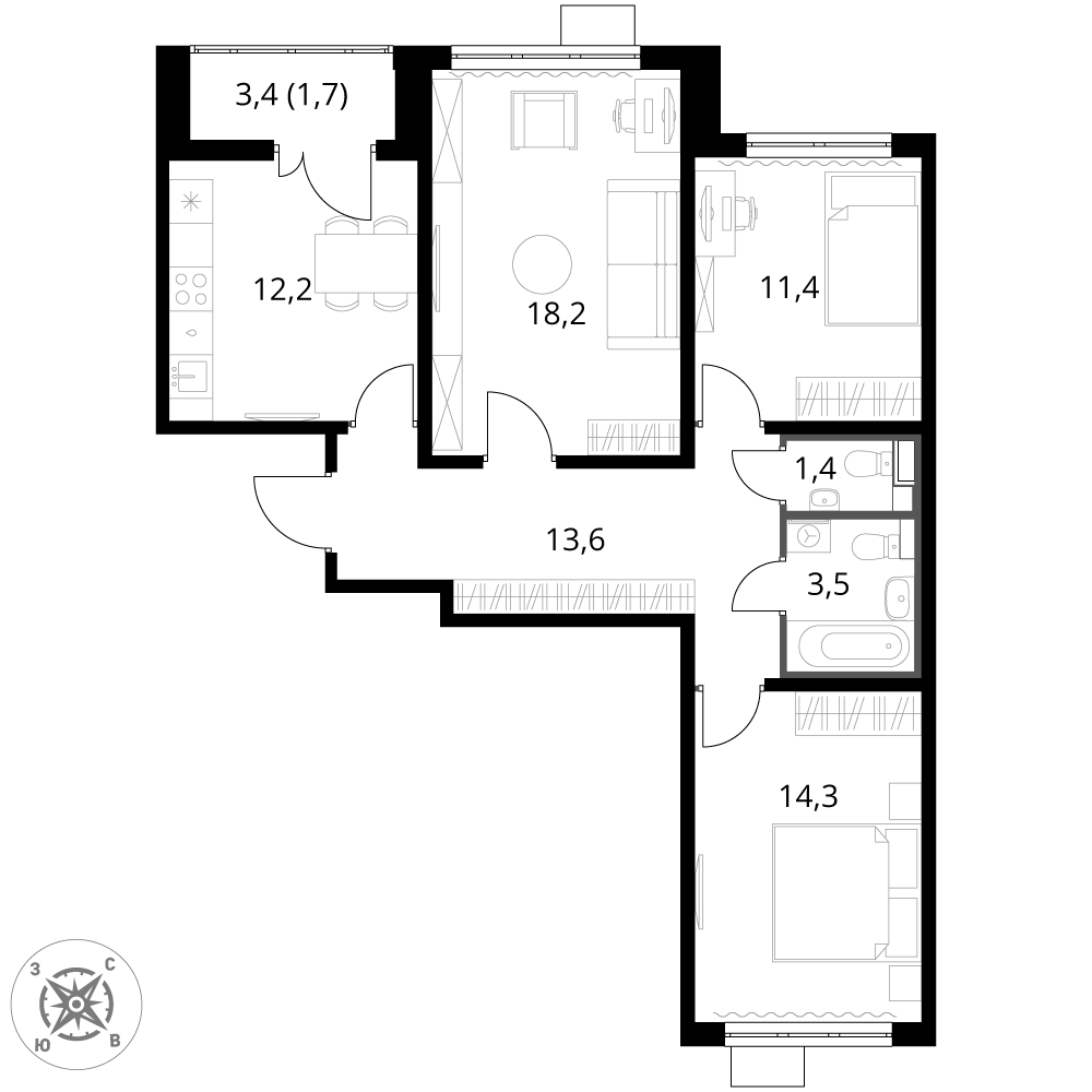3 комн. квартира, 76.3 м², 5 этаж 