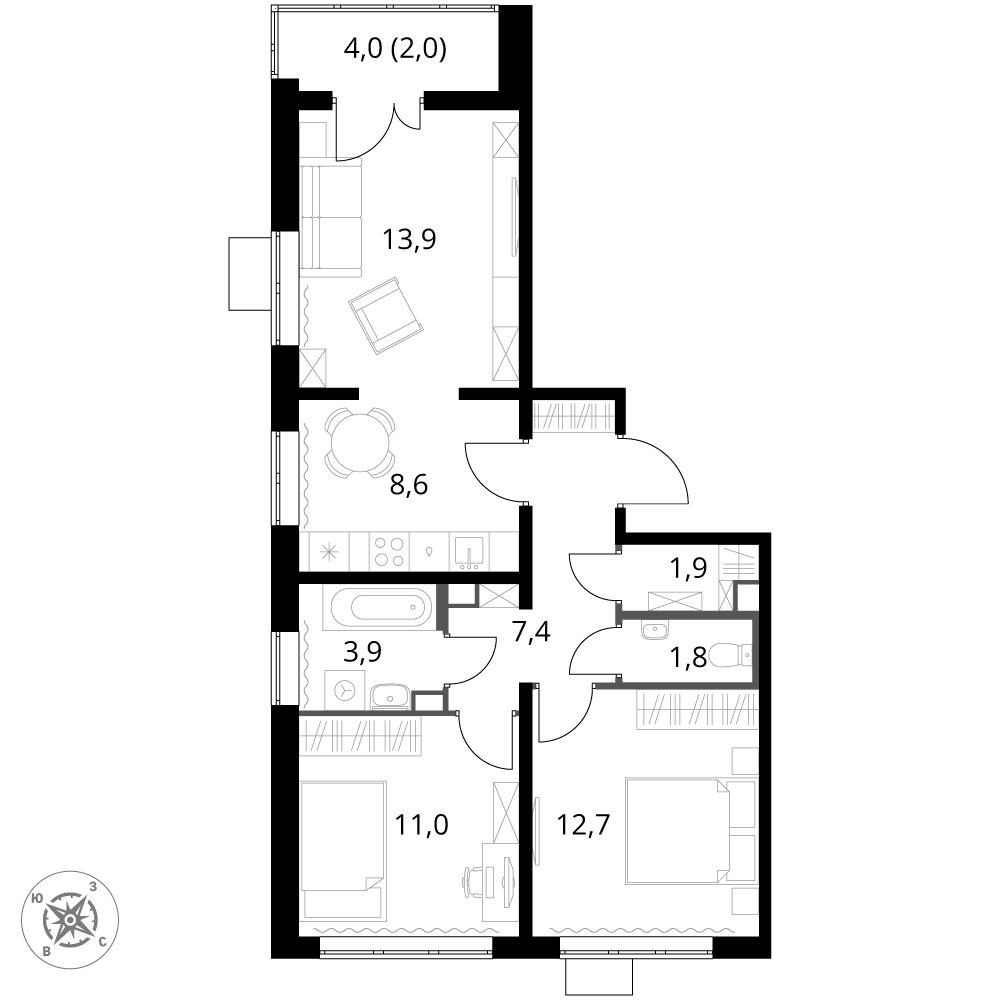 3 комн. квартира, 63.2 м², 11 этаж 