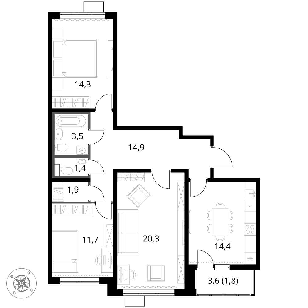 3 комн. квартира, 84.2 м², 6 этаж 