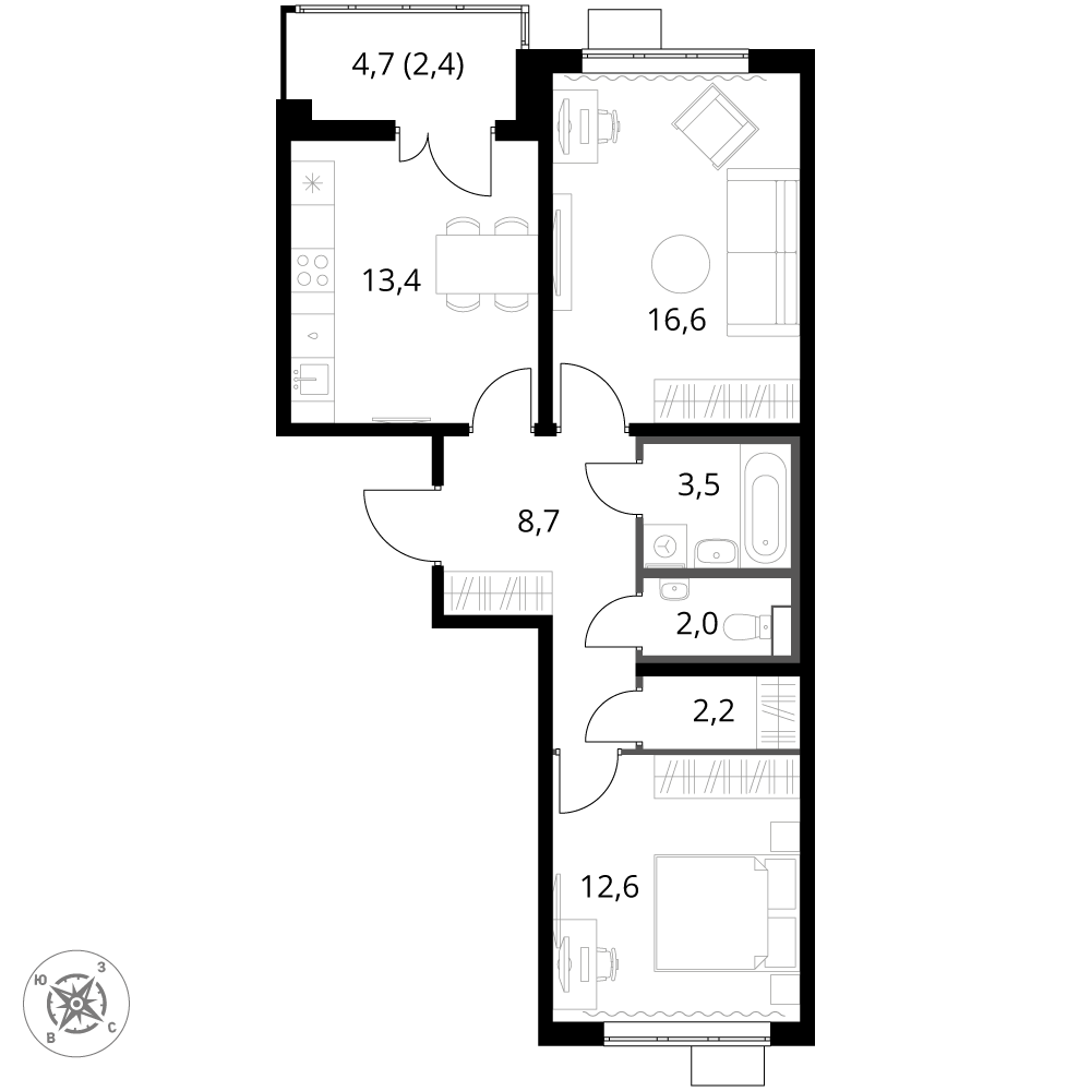 2 комн. квартира, 61.4 м², 15 этаж 