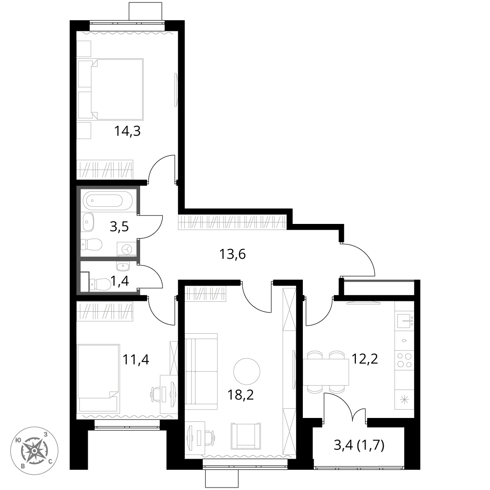 3 комн. квартира, 76.3 м², 15 этаж 