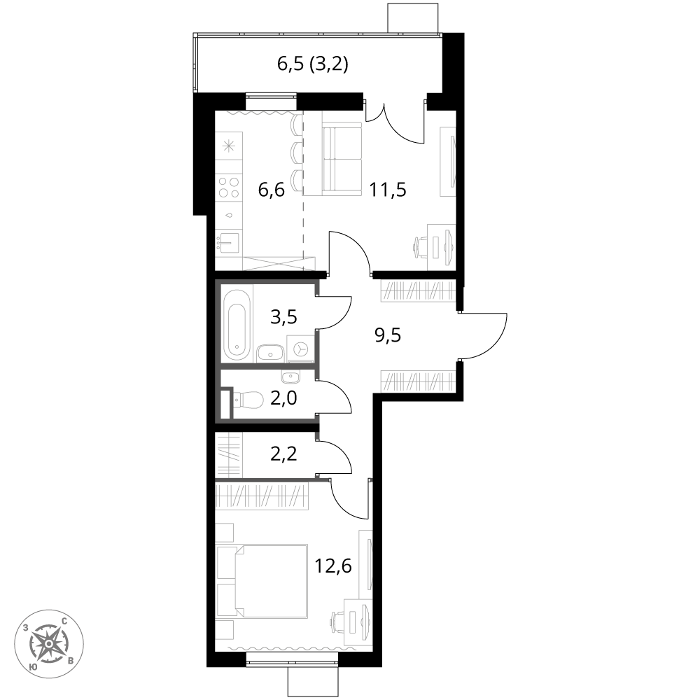 2 комн. квартира, 51.1 м², 5 этаж 