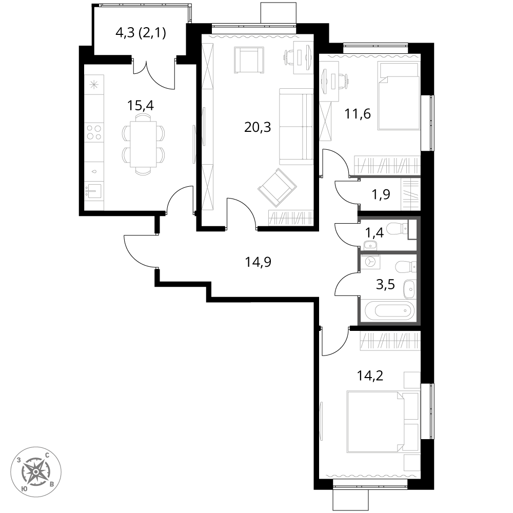 3 комн. квартира, 85.3 м², 11 этаж 