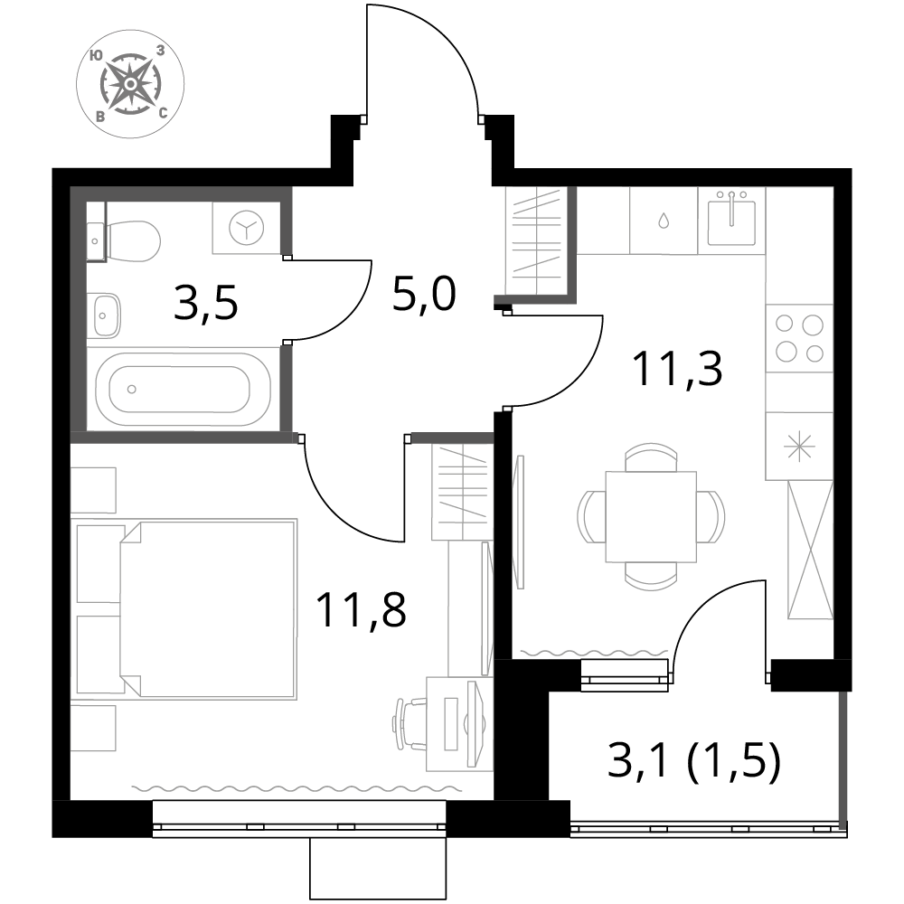 1 комн. квартира, 33.1 м², 10 этаж 