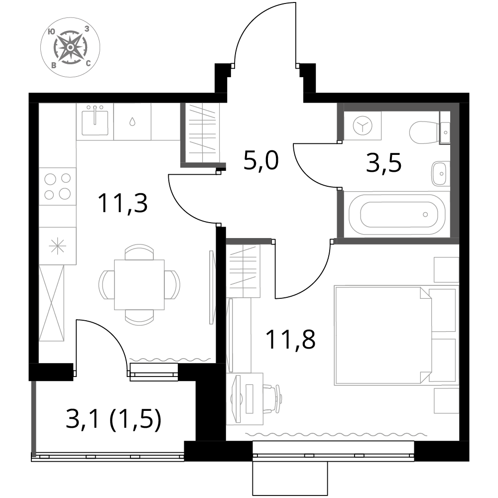 1 комн. квартира, 33.1 м², 13 этаж 