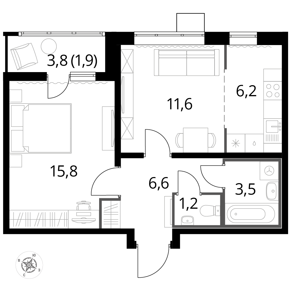 2 комн. квартира, 46.8 м², 10 этаж 