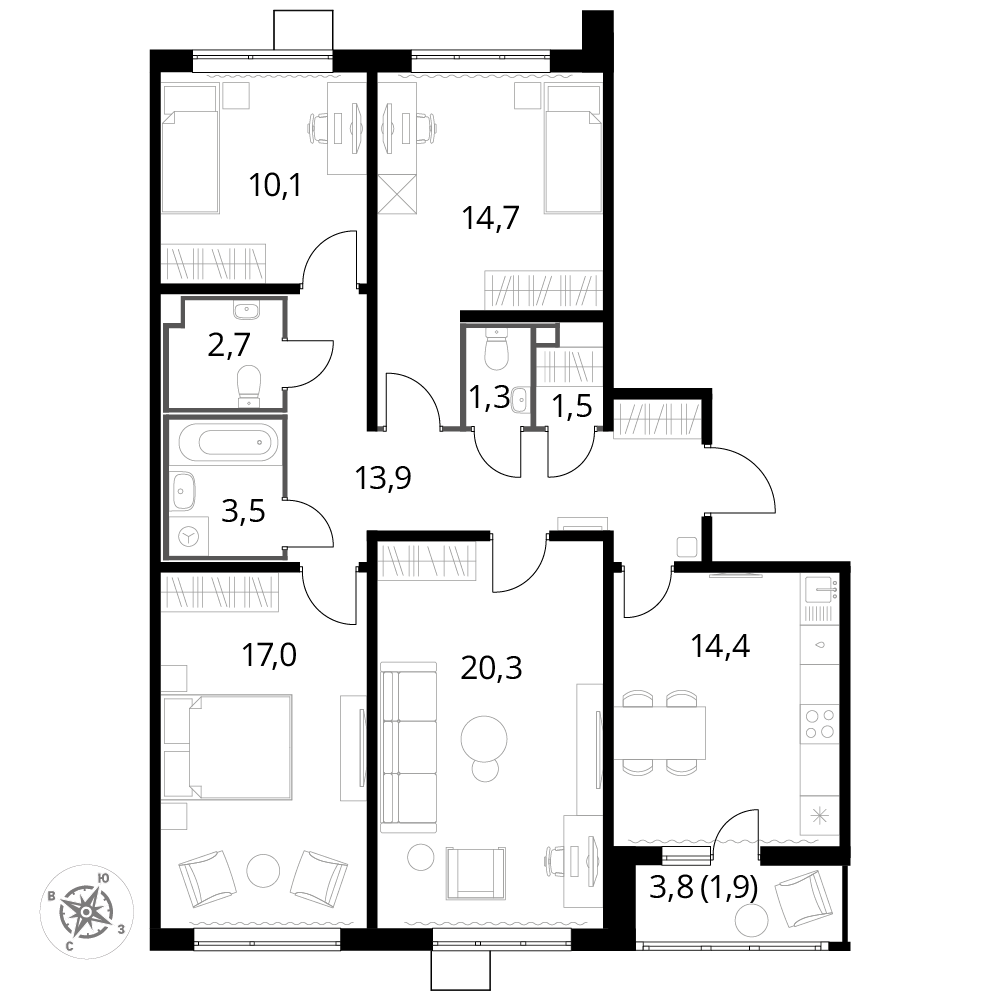 4 комн. квартира, 101 м², 13 этаж 