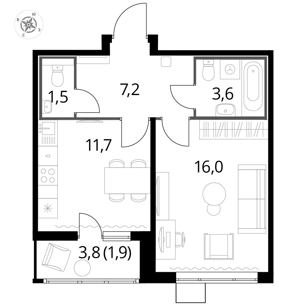 1 комн. квартира, 41.9 м², 20 этаж 