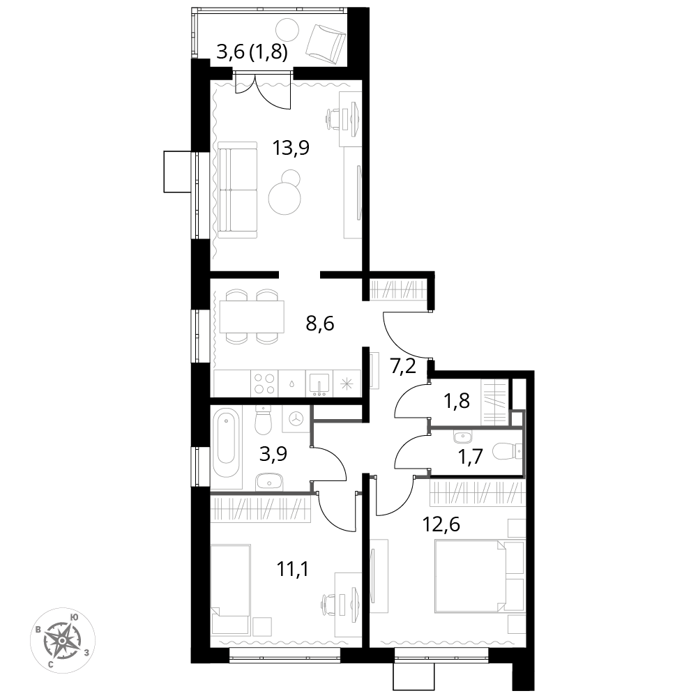 3 комн. квартира, 63 м², 12 этаж 