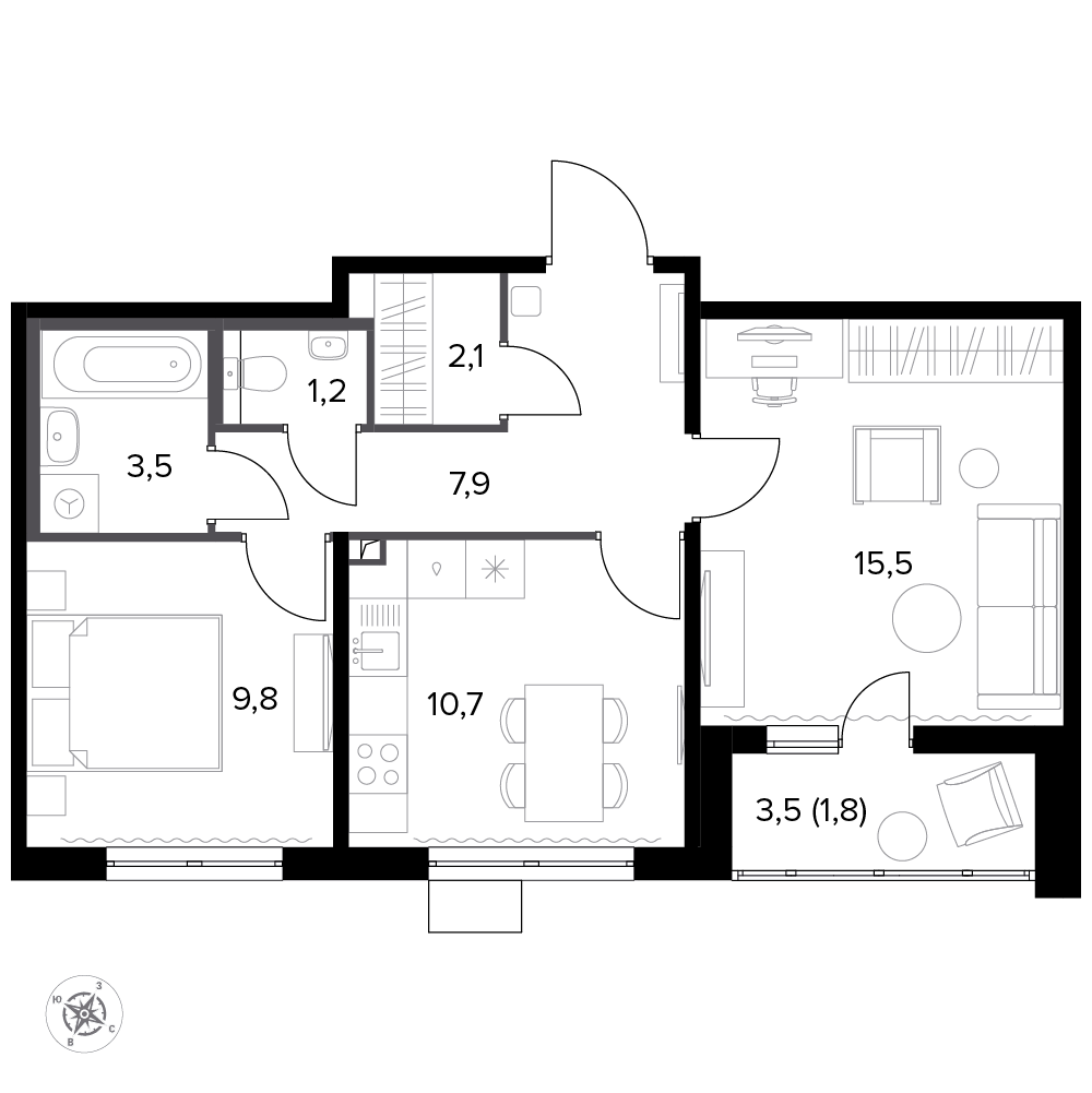 2 комн. квартира, 59.5 м², 22 этаж 