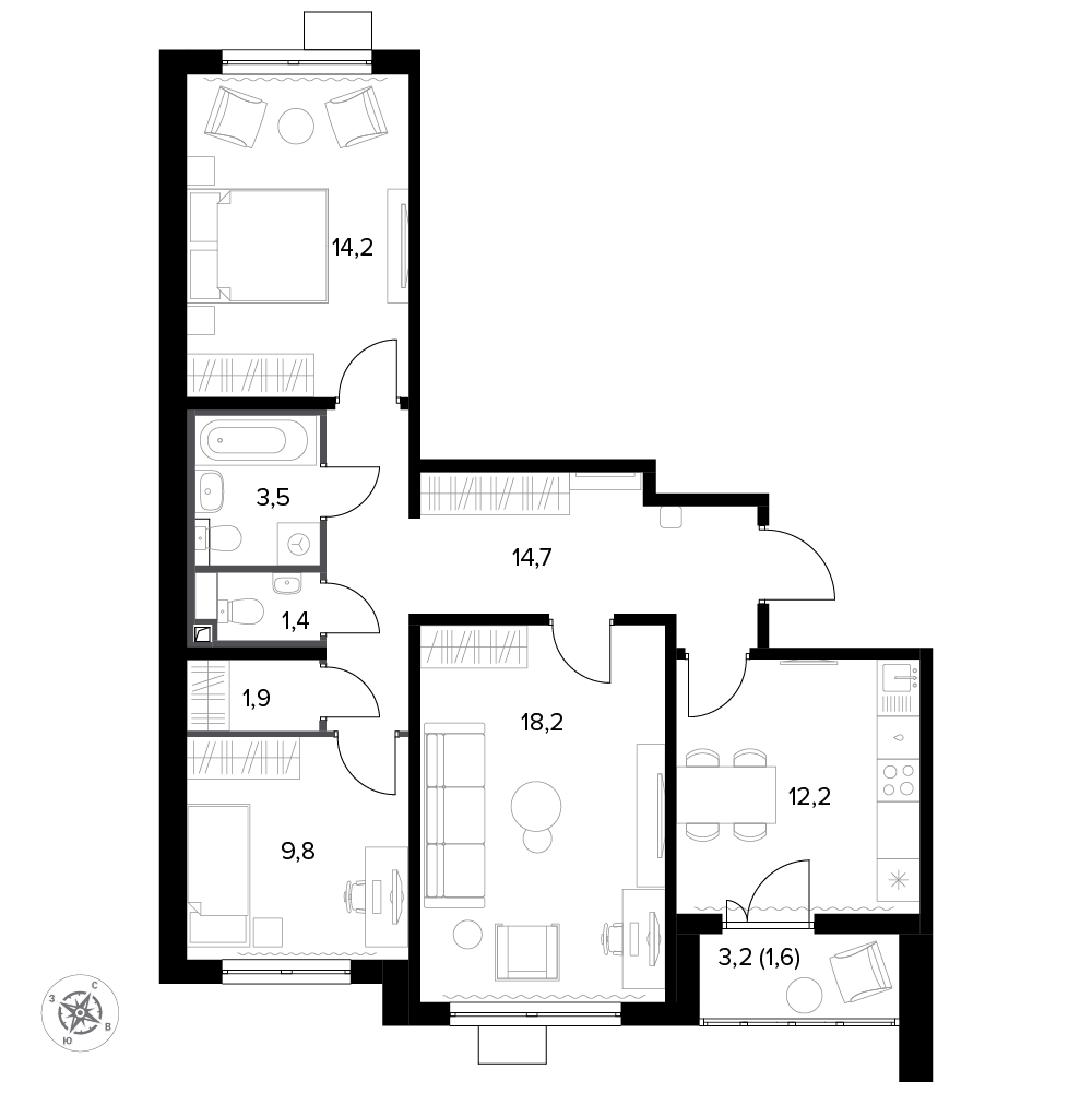 3 комн. квартира, 77.7 м², 9 этаж 