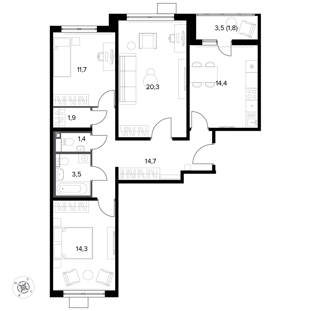 3 комн. квартира, 84.1 м², 14 этаж 