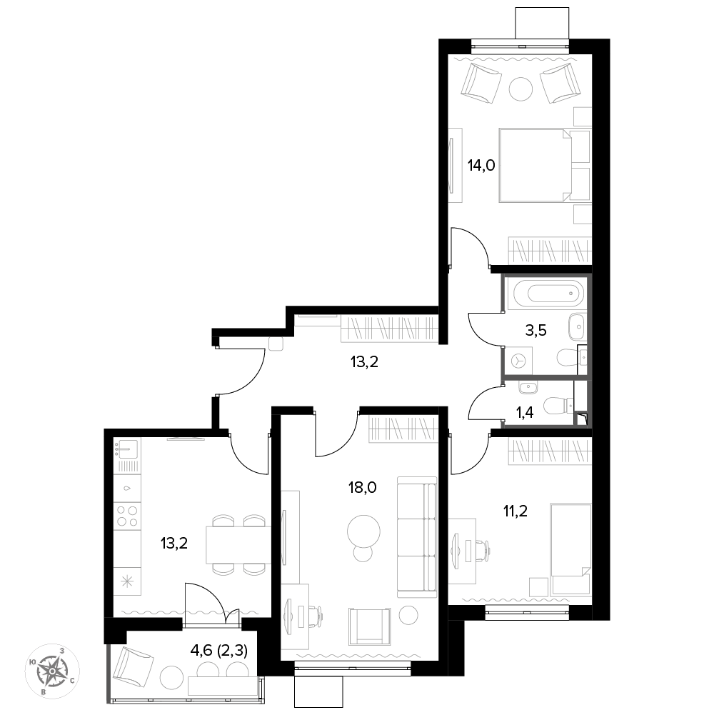 3 комн. квартира, 77.1 м², 4 этаж 