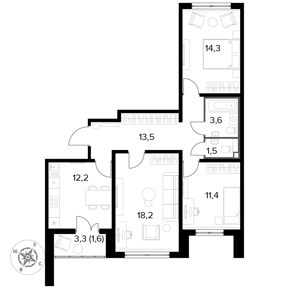 3 комн. квартира, 76.3 м², 11 этаж 