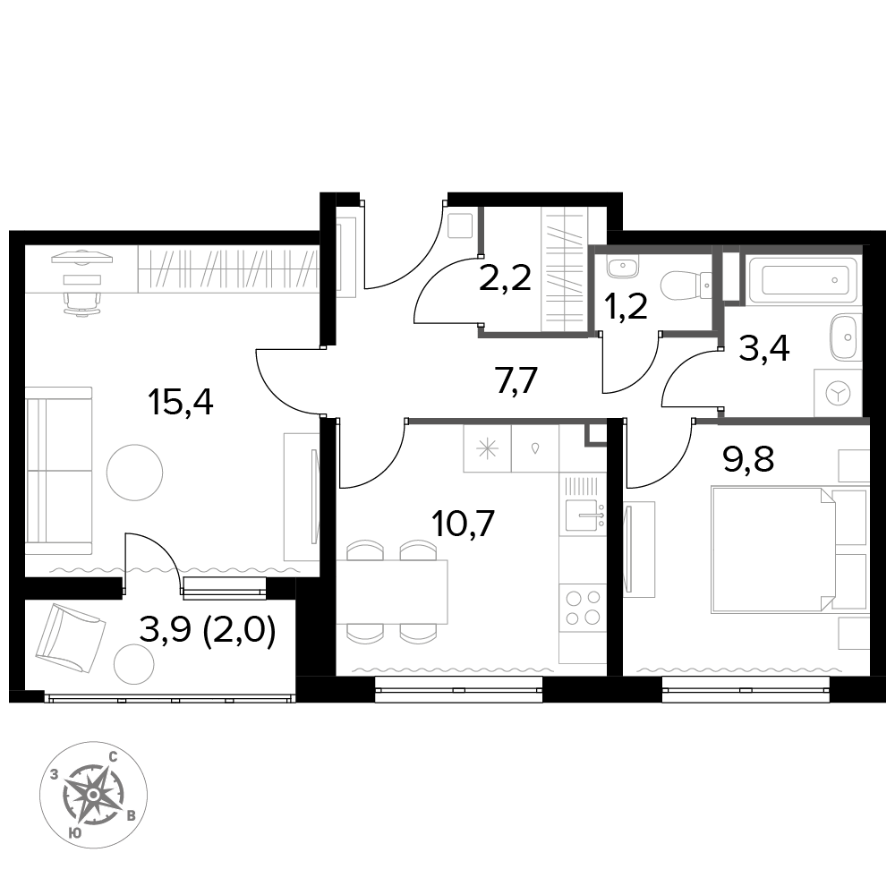 2 комн. квартира, 52.2 м², 8 этаж 