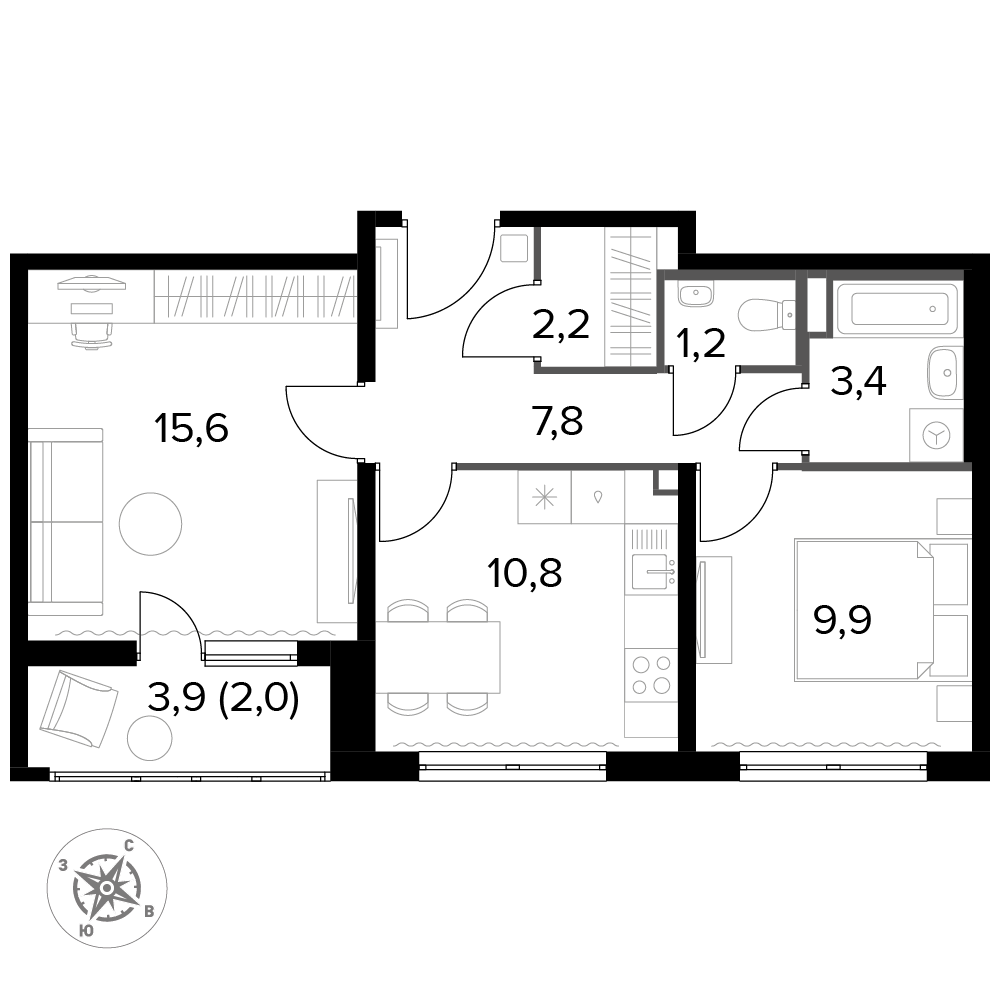 2 комн. квартира, 52.9 м², 17 этаж 