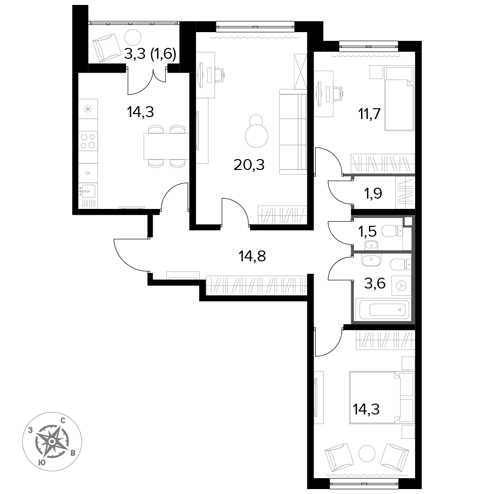 3 комн. квартира, 84 м², 24 этаж 