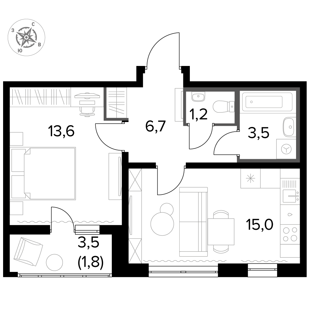 1 комн. квартира, 42.1 м², 8 этаж 