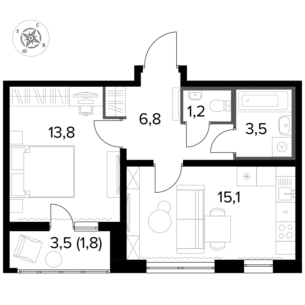 1 комн. квартира, 42.4 м², 19 этаж 